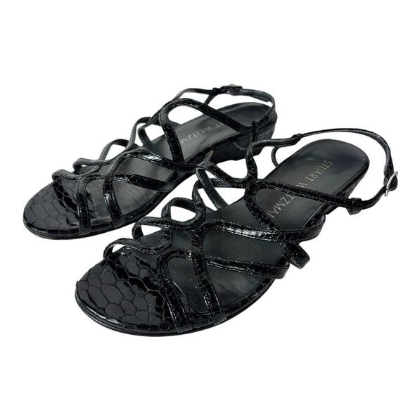 Stuart Weitzman Turningdown Snake Embossed Strappy Demi Wedge Sandals - Picture 2 of 6